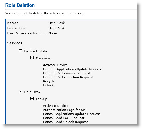 Section of Role Deletion page wih Services list expanded